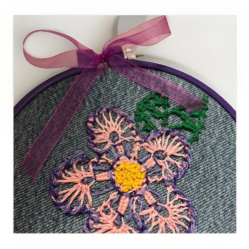 Embroidered Pink Flower On Recycled Denim With A Purple Embroidery Hoop Frame - Picture 2 of 2