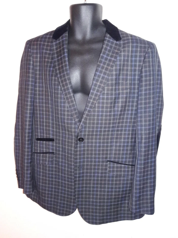 Insomnia :: Gray Plaid Blazer w/ Black Velvet Accents, 40R - UK London Style - Image 2 of 4