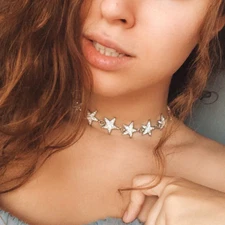 Rhinestone Silver Star Charm Necklace Choker Cluster Chunky Statement Sparkles