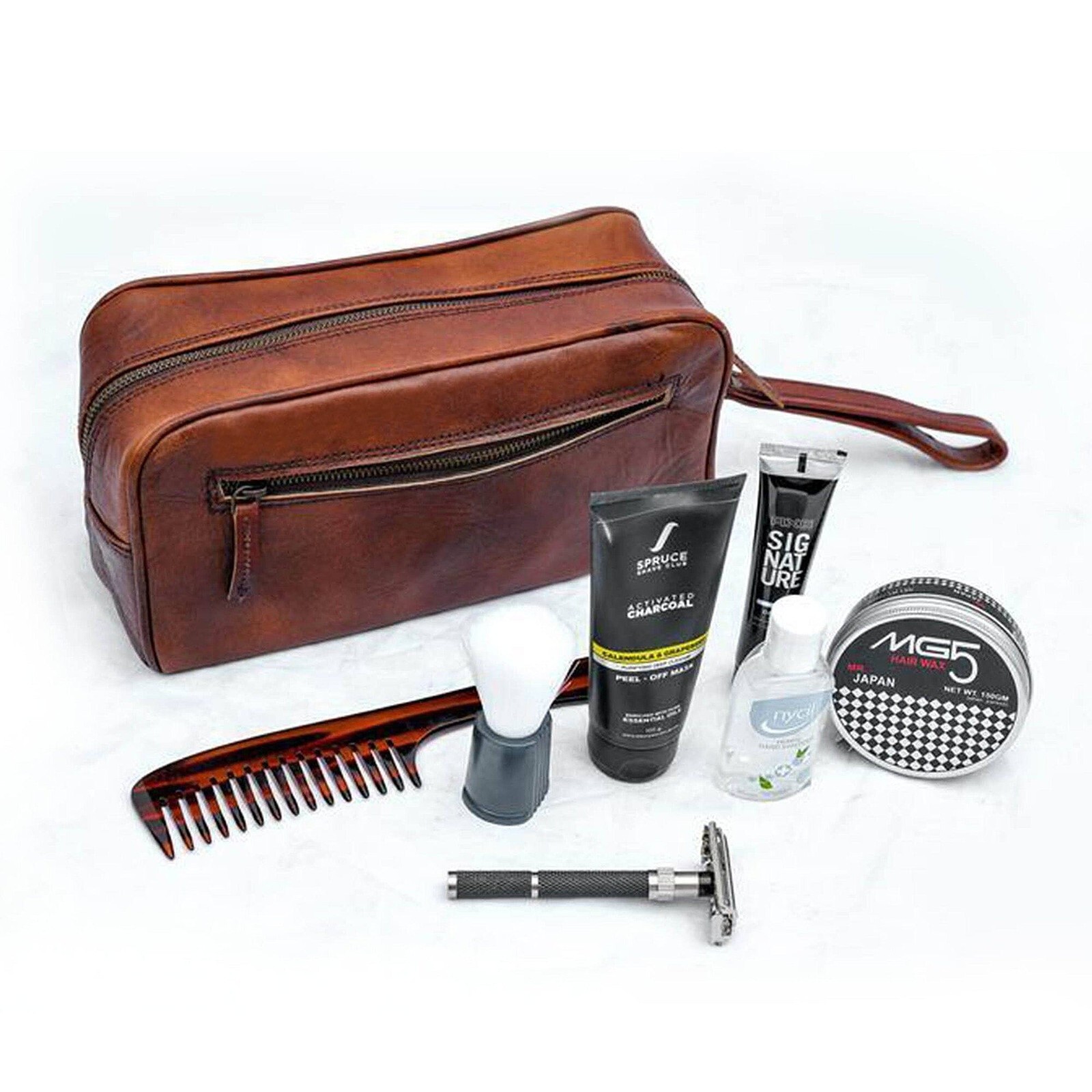 Brown Leather Travel Toiletry Bag Shaving Kit Men Shaving Case Free Shipping