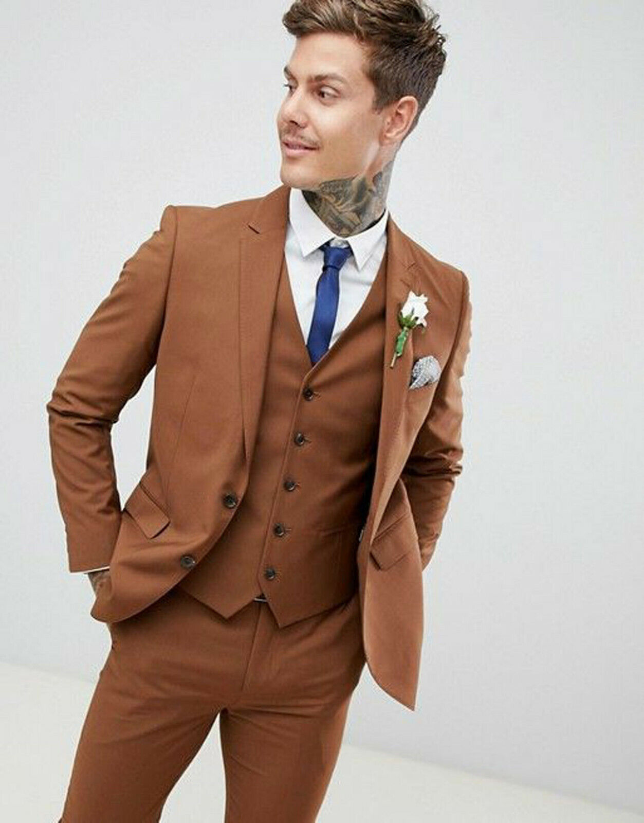 Men Brown Suits Designer Wedding Grooms Stylish Dinner Suits (Jacket+Vest+ Pants)