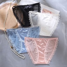 4pcs Womens Faux Satin Panties Briefs Mesh Sxey Knickers Breathable Underwear