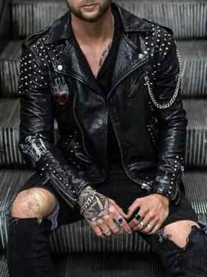 Men s Studded Punk Leather Jacket   Handmade Biker Brando Rock Style, Spike