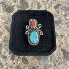 Vintage Native American Sterling Silver Turquoise and Coral Ring Size 7.5