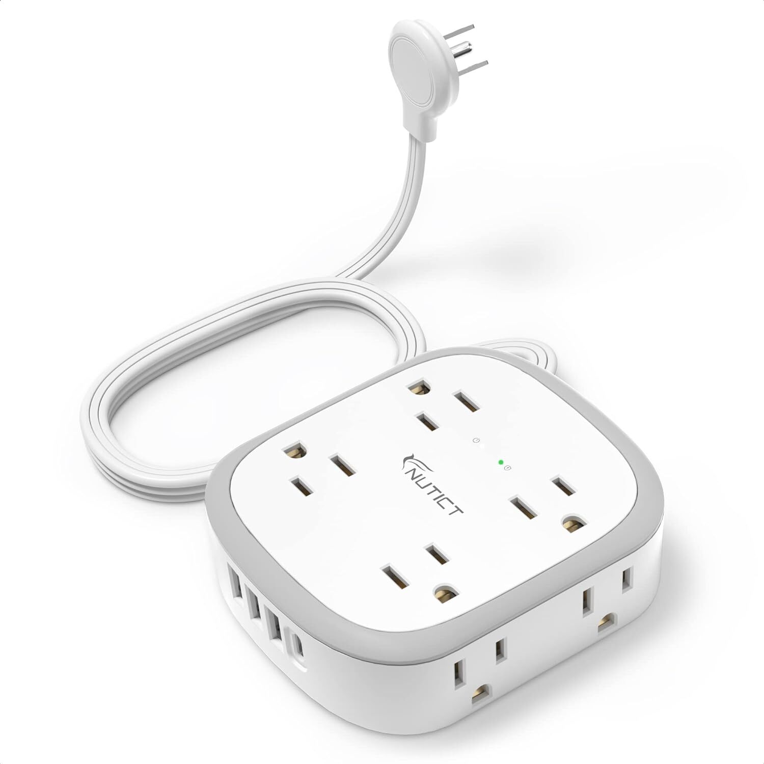 Flat Plug Power Strip, 5 ft Ultra Thin Extension Cord, 8 white & grey
