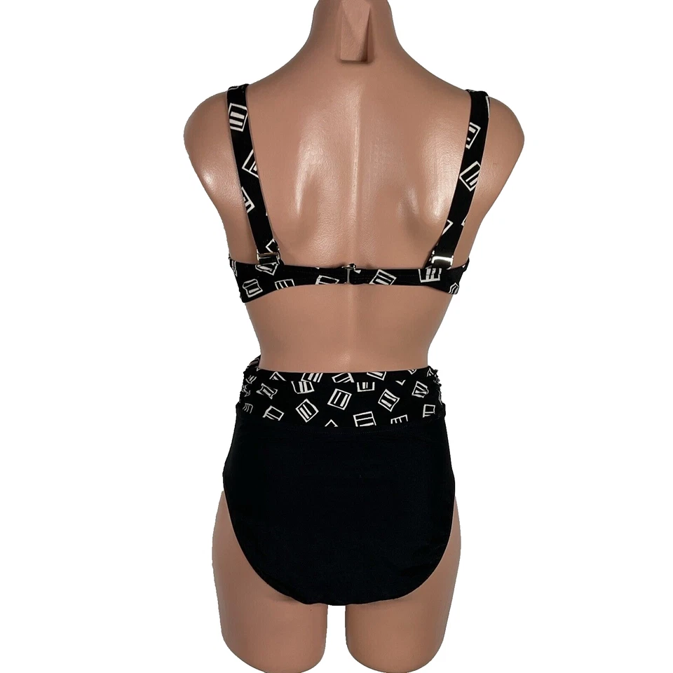 Traje de baño vintage años 80 10/32D pinup talle alto bikini con aros negro geométrico Foto 2 de 4