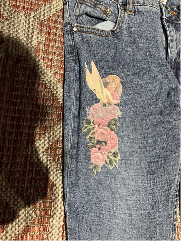Vintage Y2K Kids Guess Angelic Floral Bejeweled Imagery Boot Cut Jeans Sz 12 - Image 4 of 4