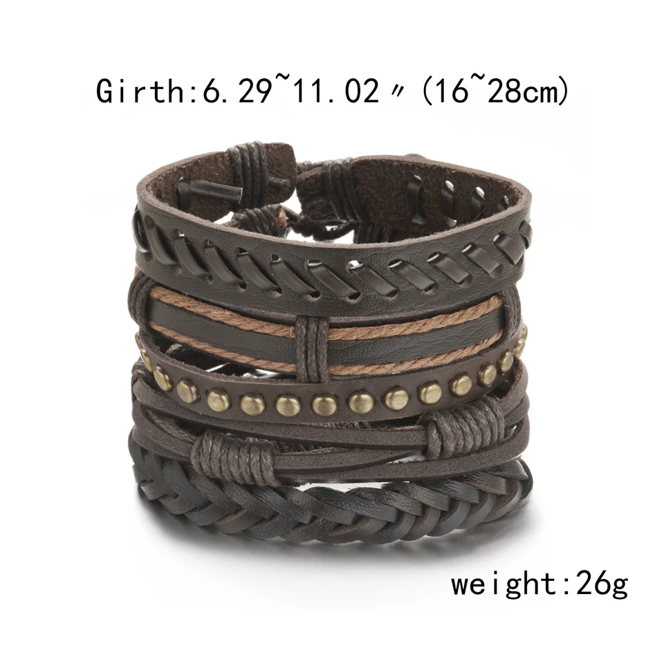 6pcs Mens Punk Leather Wrap Braided Bracelet Wristband Bangle Cuff Jewelry Gift - Imagem 2 de 4