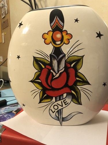 Jacqueline Thompson Love Bluebird Tattoo Ceramics large Vase 13X12" RARE - Picture 8 of 12