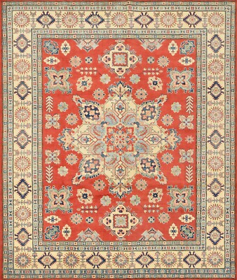 Kazak Rug 8'3'' x 9'10'' Red Wool Tribal Geometric Hand-Knotted Oriental Carpet