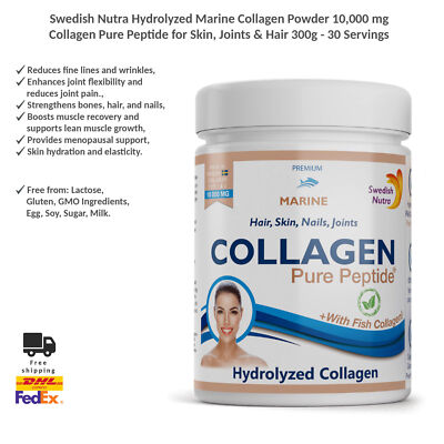 Swedish Nutra Hydrolyzed Marine Collagen Powder 10,000 mg for Skin, Joints 300g
