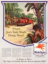 1942 WW2 Ad for MOBILGAS  art, Joe's Tank Truck Delivers Gas in Jungle 112023