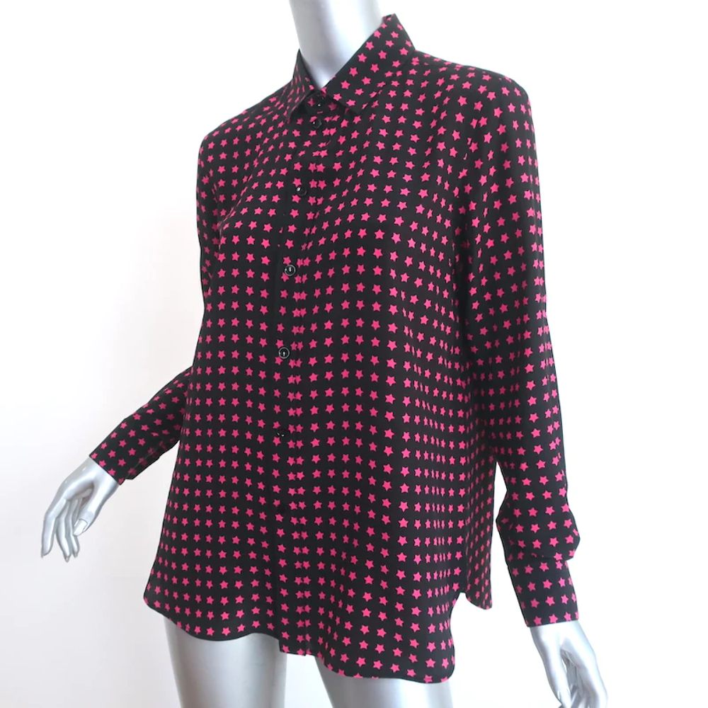 Camicia di seta stampa Saint Laurent Star nera rosa taglia 42 manica lunga
