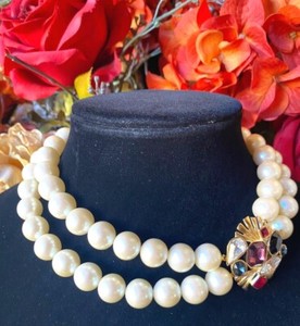 Authentic Vintage Givenchy Gold Plated Double Pearl Strand Multi Crystal Collar Necklace