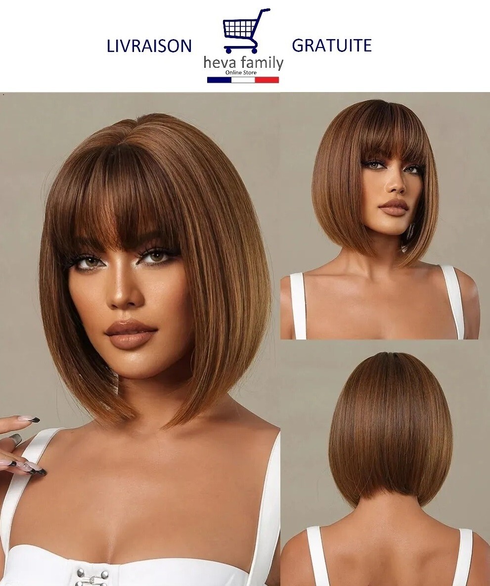 Perruque carré court châtain avec frange droite lisse pour femme