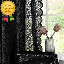 Black Sheer Lace Curtains 84 Inch Vintage Floral Sheer Gothic Curtain Panels for