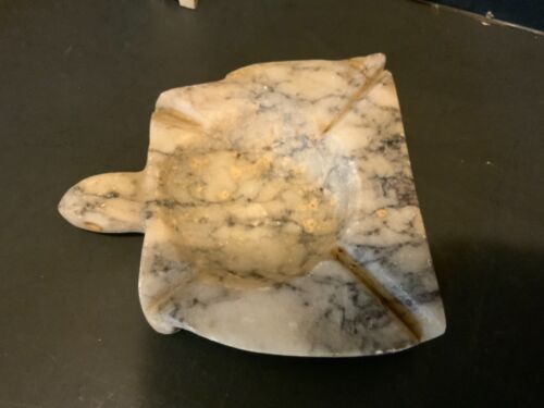 Vintage Alabaster Marble Ashtray Rough Edges Great Colors & Veins TURTLE SHAPED - Picture 1 of 12