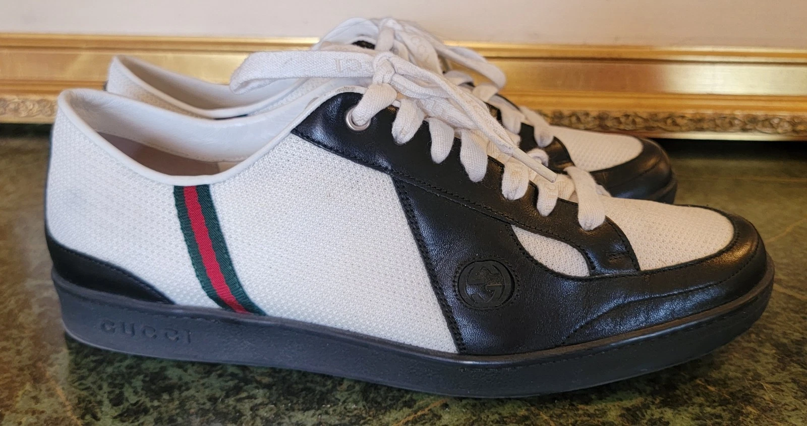 Authentique baskets homme GUCCI cuir noir blanc toile rouge vert web excellent état taille 10