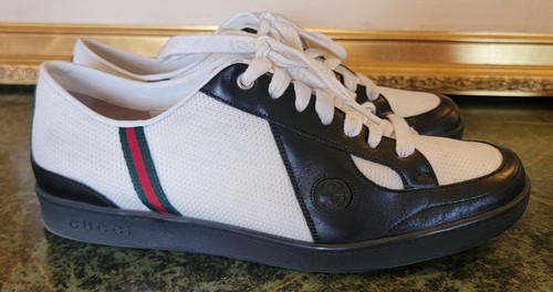 GUCCI AUTHENTIC Men's Black Leather White Canvas Green Red Web Sneakers Sz 10