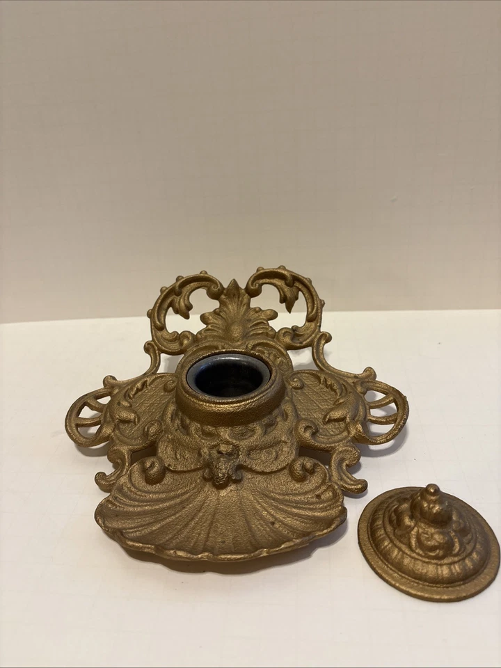 Hermoso soporte de tinta de escritorio de hierro fundido metálico dorado antiguo JM18B 1890 Foto 4 de 4