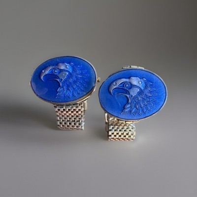 Vintage Eagle Cuff Links Blue Enamel & Gold Tone Mesh Wrap Connectors