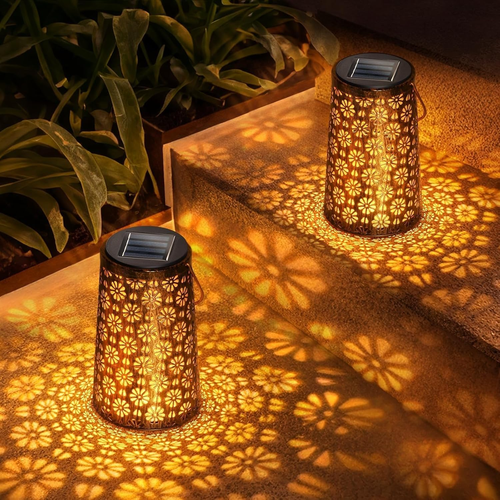 Lanterna Solare A LED In Metallo Con Decorazione Floreale Ritagliata, 23x16 Cm, Colore Nero/oro, Luce Calda, Impermeabile IP44 Per Giardino E Terrazzo