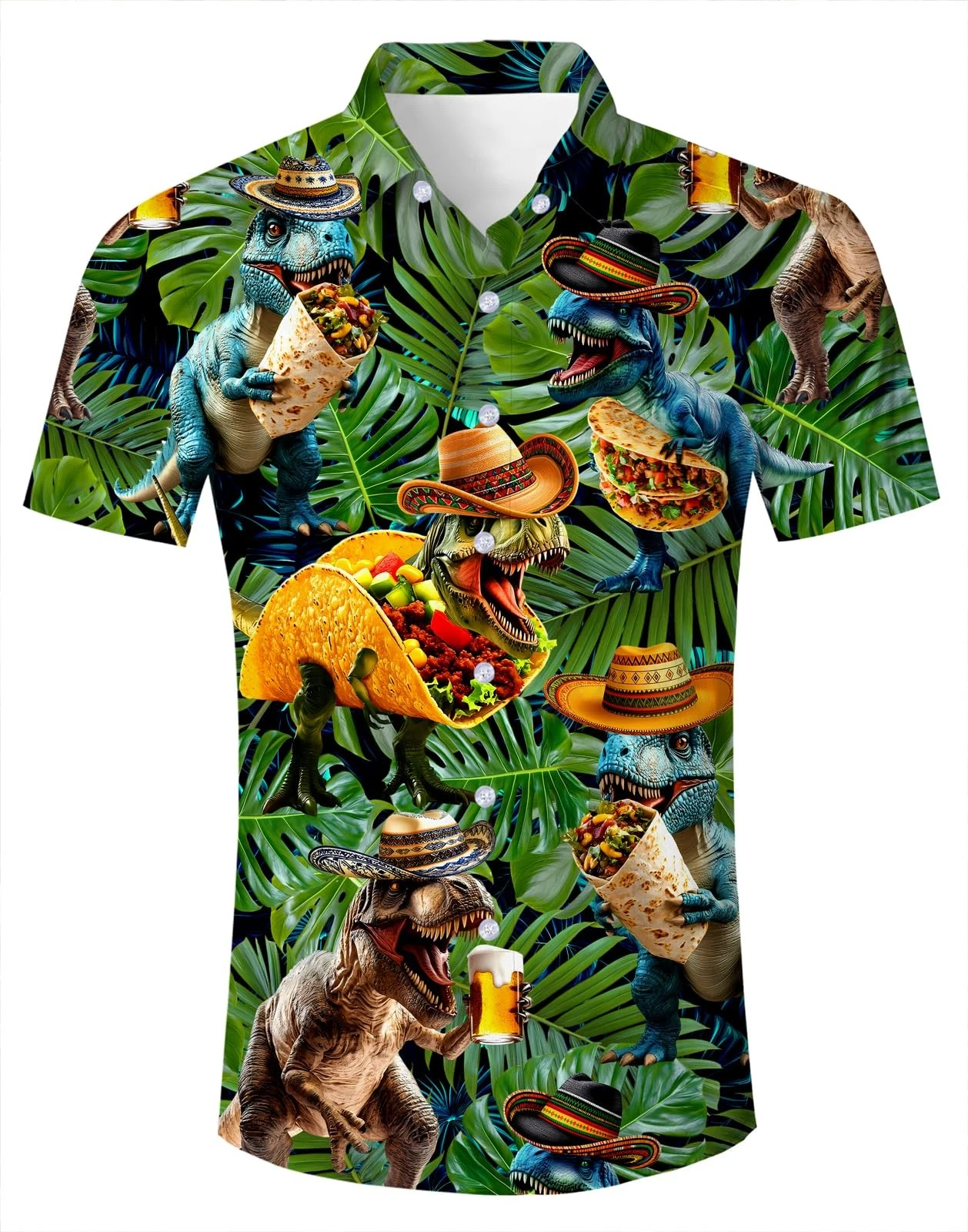 Mens Funny Hawaiian Shirts Mexico Taco Dinosaurs Button Down Short Sleeve Pal...