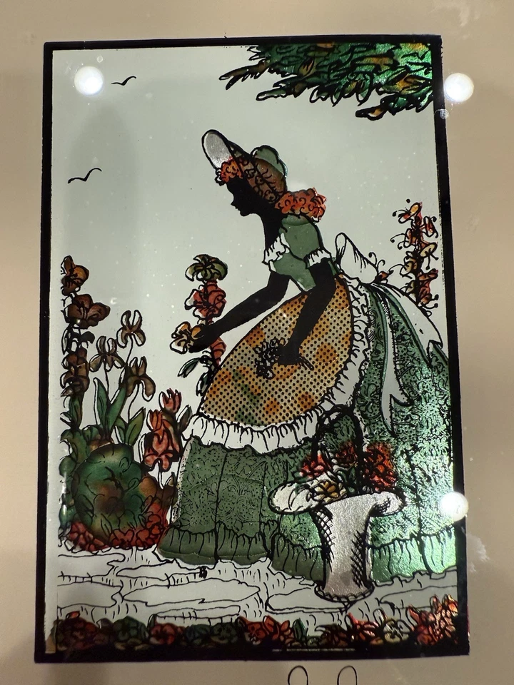 Silhueta emoldurada vintage mulher vitoriana jardim pintura reversa 7,5" x 5,5" - Imagem 3 de 4