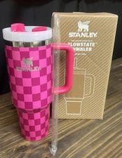 Stanley Flowstate Tumbler Pink Checkered with Handle and Straw