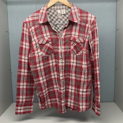 Route 66 Women s Pearl Snap Western Flannel Shirt Red/Gray/White Plaid Size L/G