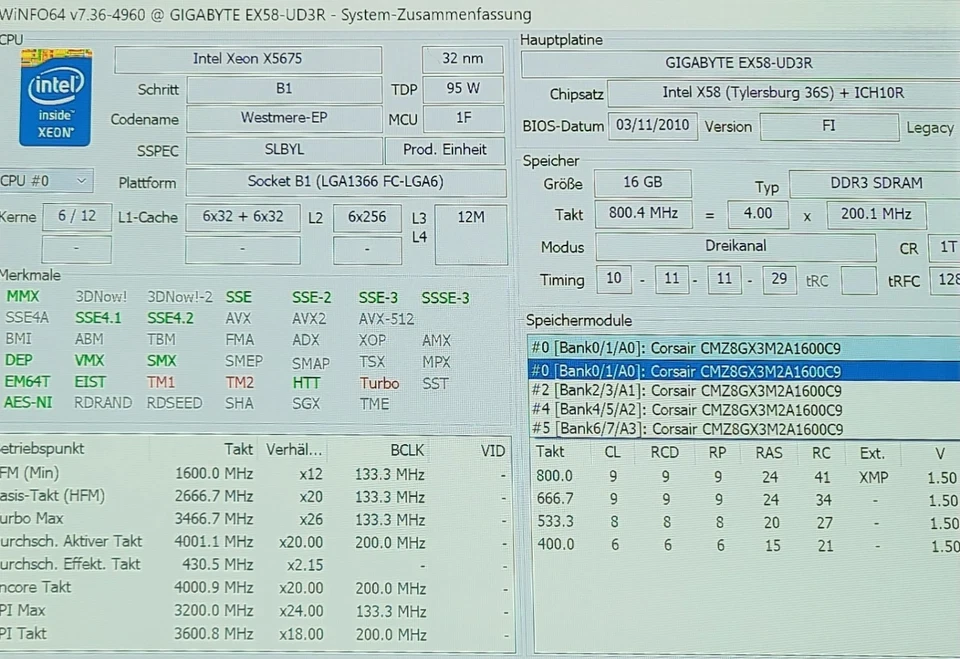 X58 Sixcore Gaming (Gigabyte GA-EX58-UD3R, X-5675, Corsair 16GB Ram, 240mm AIO) - Bild 3 von 4