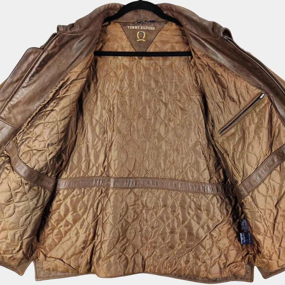 Chaqueta de Cuero Tommy Hilfiger De Colección Para Hombre XL Marrón Edredón Forrado Bolsillos con Solapa Foto 2 de 4
