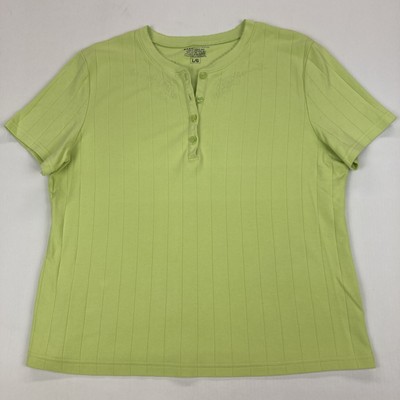 Basic Editions Womens Lg Green Shirt with Embroidered Neck 4 Button Front Blouse