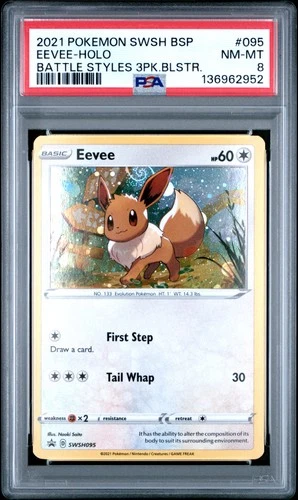 2021 POKEMON SWSH BATTLE STYLES THREE PACK BLISTERS #095 EEVEE-HOLO PSA 8