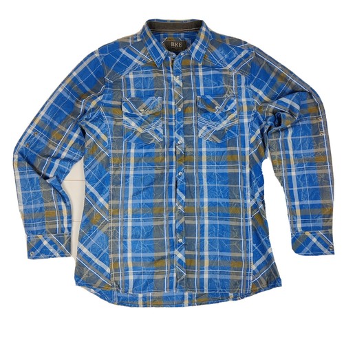 BKE Pearl Snap Shirt Mens Size M Blue Yellow Plaid Standard Fit Double Pocket
