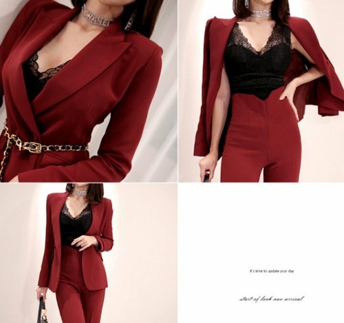 Tailleur completo donna rosso elegante giacca manica lunga pantalone 4868 |  eBay
