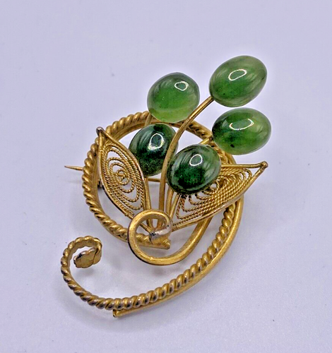 Gelbgold vergoldeter Nephrit Cabochon Vintage Jugendstil Blume Anstecknadel Brosche
