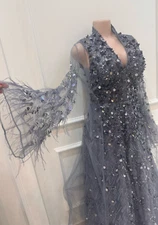 Beaded Gray Evening Gown & Chifon Jacket Size 10 Elegant Formal Dress Pre-owned