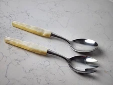 Mode Danish Stainless MCM Flatware Mother of Pearl Salad Servers Vtg