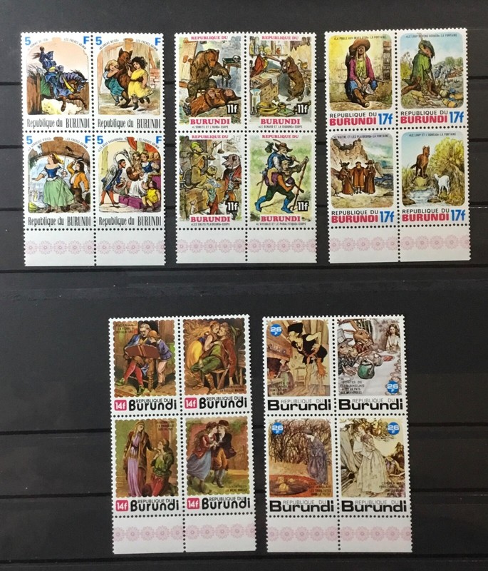 BURUNDI #523-527. FIVE BLOCKS OF FOUR,  FAIRY TALES.   MNH