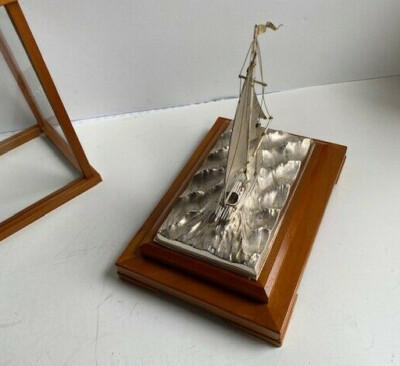 Japanese 950 Sterling Silver Miniature Yacht With Glass Case