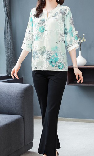 Blusa túnica floral de chifón para mujer manga larga con botones elegantes camisas para el torso - Imagen 3 de 7