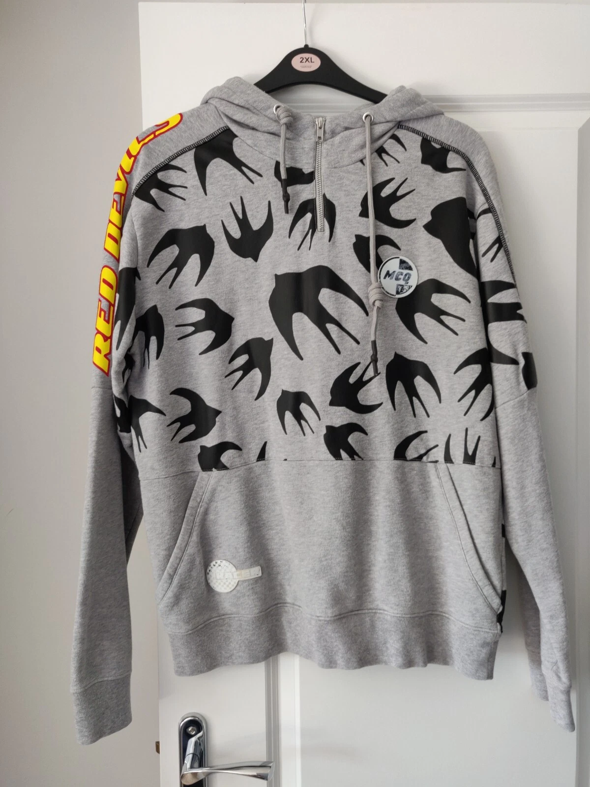 Felpa con cappuccio Mcq Alexander Mcqueen grigia Racer Swallow 100% AUTENTICA TAGLIA L RARA!