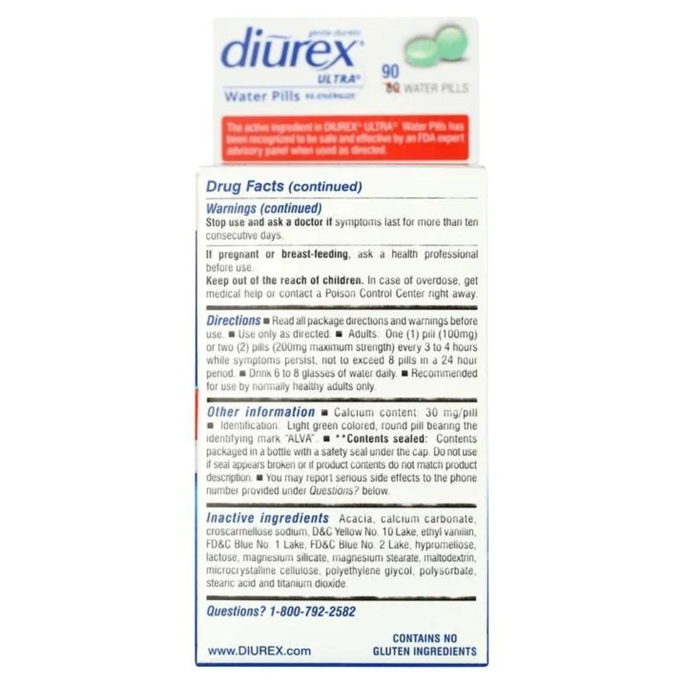 Diurex Ultra Máxima Fuerza Agua Pérdida de Peso Fórmula 90 Píldoras Diurético Paquete de 2 Foto 4 de 4