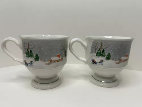 Set Of 2 Sango Silent Night 3900 Footed Cup Mugs Skaters Christmas Scene