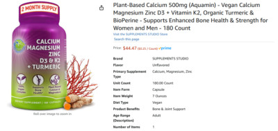 Calcium Magnesium Zinc D3 + Vitamin K2, Organic Turmeric Supports bone health