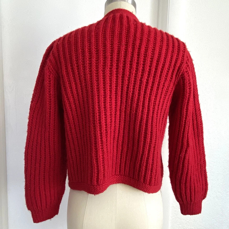 Cárdigan Suéter Vintage Años 50 60 Rojo Lana Recortado Un Botón Grueso Tejido S Foto 4 de 4