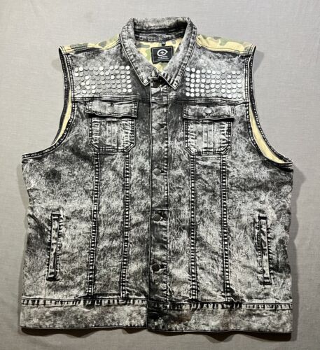 Vtg LRG Lifted Research Group Vest Mens 4XL Black Acid Wash Denim Camo Studded