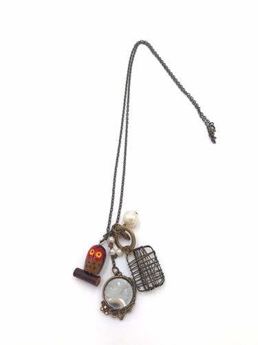 Xmas Vintage antique nightowl pearl mirror flower button necklace pendant winter - Picture 3 of 4
