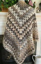 Handmade crochet granny triangle shawl wrap scarf yarn multi brown beige 72"x36"